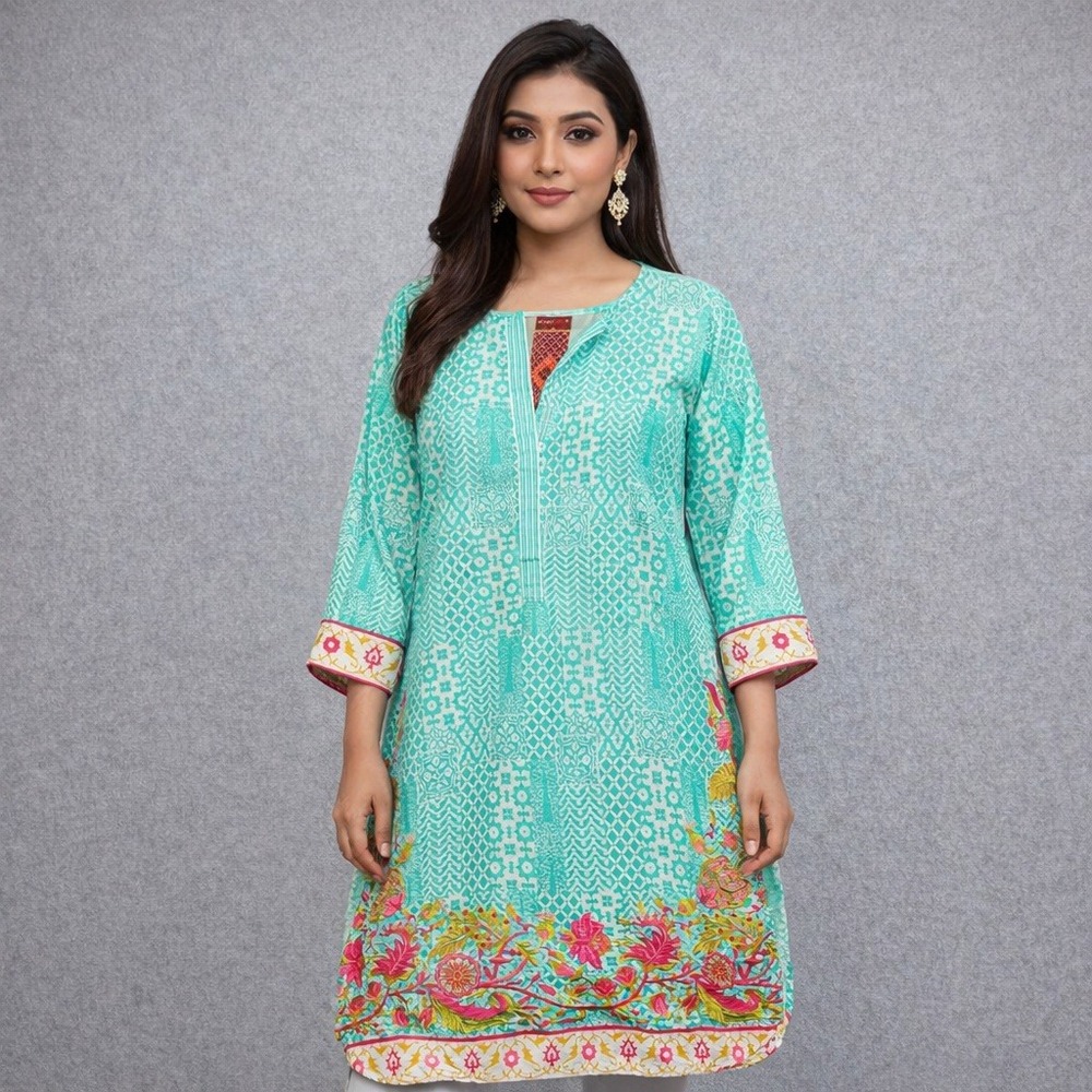 Khaadi Pret Pajama Womens Size Kurta Beach Cover Embroidered Teal Floral‎ New